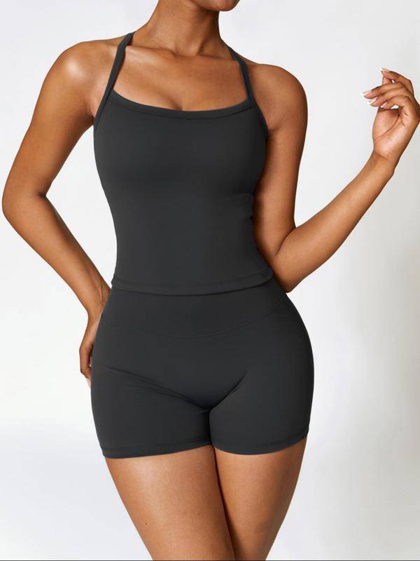 Two Pieces Women's Solid Backless Tracksuit Set, Spaghetti Strap Cami Top & High Waist Skinny Shorts, Ladies Sportswear, Summer Outfits 2024, Tracksuit for Women, Women Sport & Outdoor Clothing-WAYBIKER