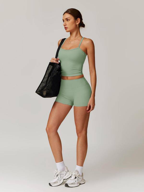 Two Pieces Women's Solid Backless Tracksuit Set, Spaghetti Strap Cami Top & High Waist Skinny Shorts, Ladies Sportswear, Summer Outfits 2024, Tracksuit for Women, Women Sport & Outdoor Clothing-WAYBIKER