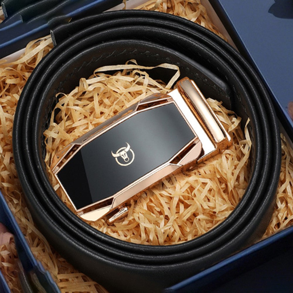 BULLCAPTAIN 0004 125cm Men Top Layer Cowhide Leather Belt Automatic Buckle Waistband with Keychain
