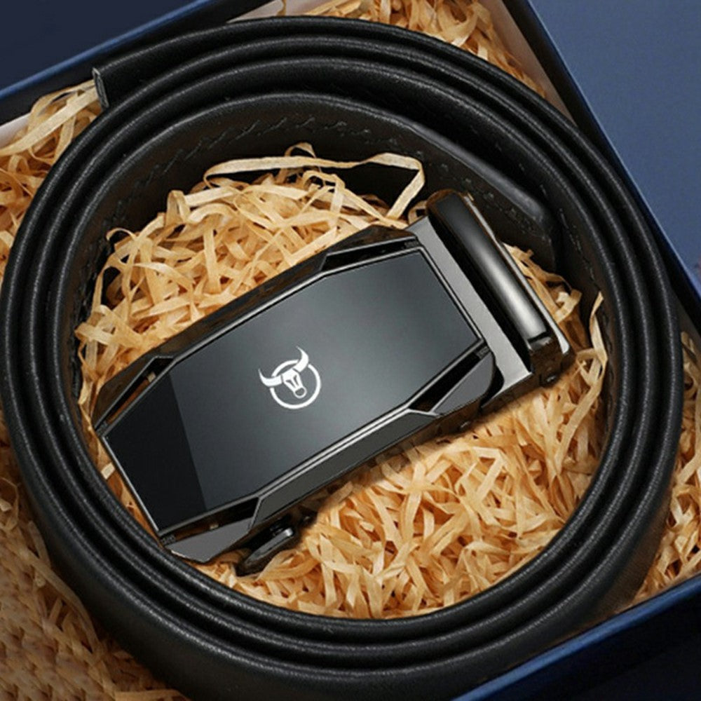 BULLCAPTAIN 0004 130cm Men Top Layer Cowhide Leather Belt Automatic Buckle Waistband with Keychain