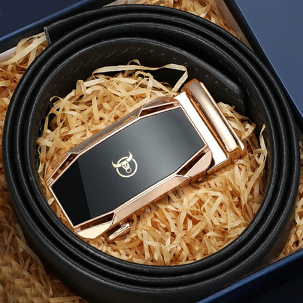 BULLCAPTAIN 0004 130cm Men Top Layer Cowhide Leather Belt Automatic Buckle Waistband with Keychain