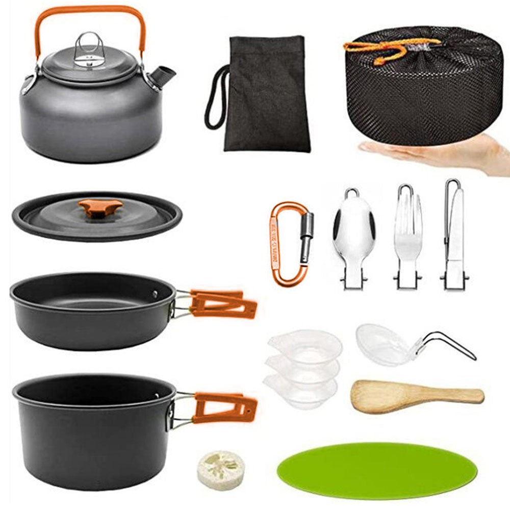 AOTU Camping Cookware Set Kettle Cooking Pot Fry Pan Cutting Board Kit BPA-Free, No FDA