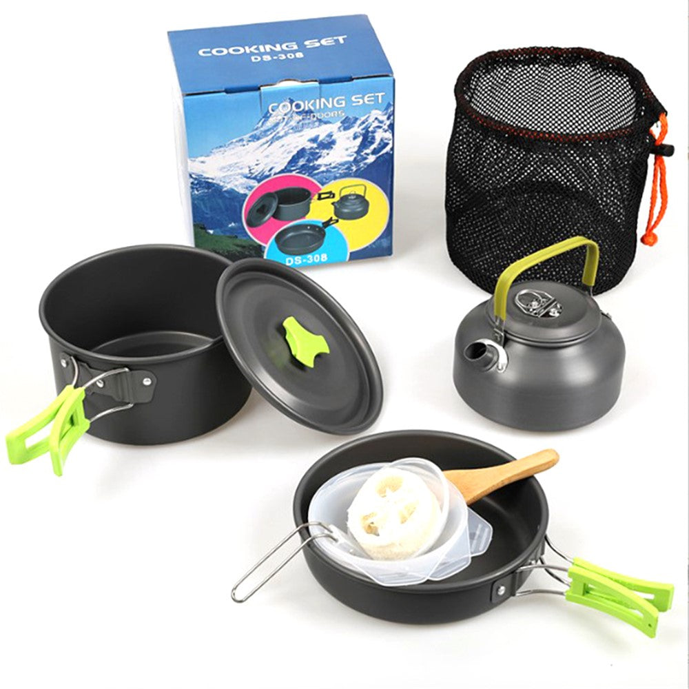 HALIN DS-308 Portable Frying Pan Tea Pot Hard Alumina Camping Cookware Set for 2-3 People No FDA, BPA-Free