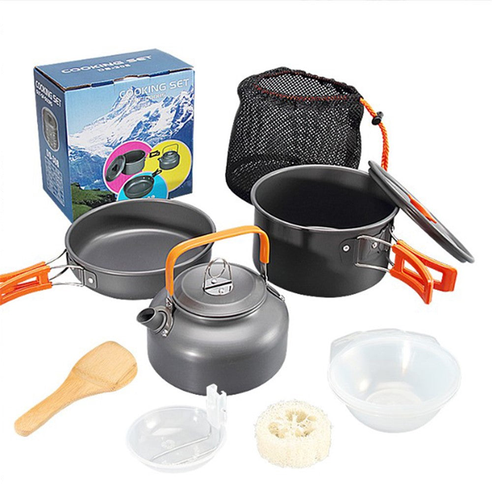 HALIN DS-308 Portable Frying Pan Tea Pot Hard Alumina Camping Cookware Set for 2-3 People No FDA, BPA-Free