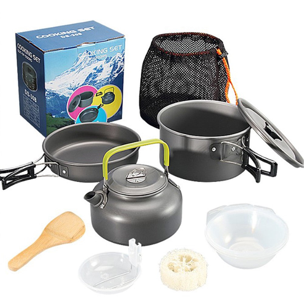 HALIN DS-308 Portable Frying Pan Tea Pot Hard Alumina Camping Cookware Set for 2-3 People No FDA, BPA-Free