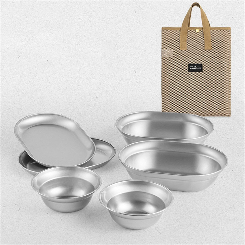 CLS 6Pcs Outdoor Camping Bowl Plate 304 Stainless Steel Dinnerware Set BPA Free, No FDA