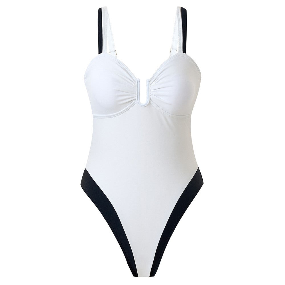 Y1153 Women Two-Tone One-Piece Swimsuit Tummy Control V-Neck Slimming Swimwear, XL Size