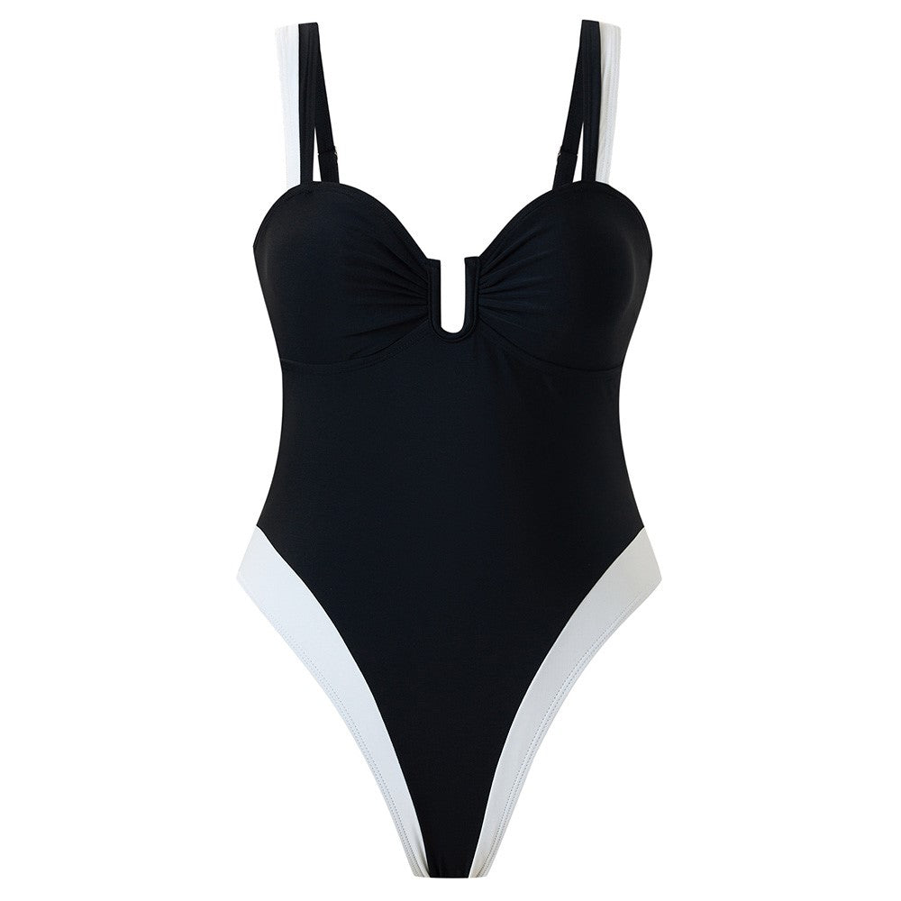 Y1153 Women Two-Tone One-Piece Swimsuit Tummy Control V-Neck Slimming Swimwear, L Size