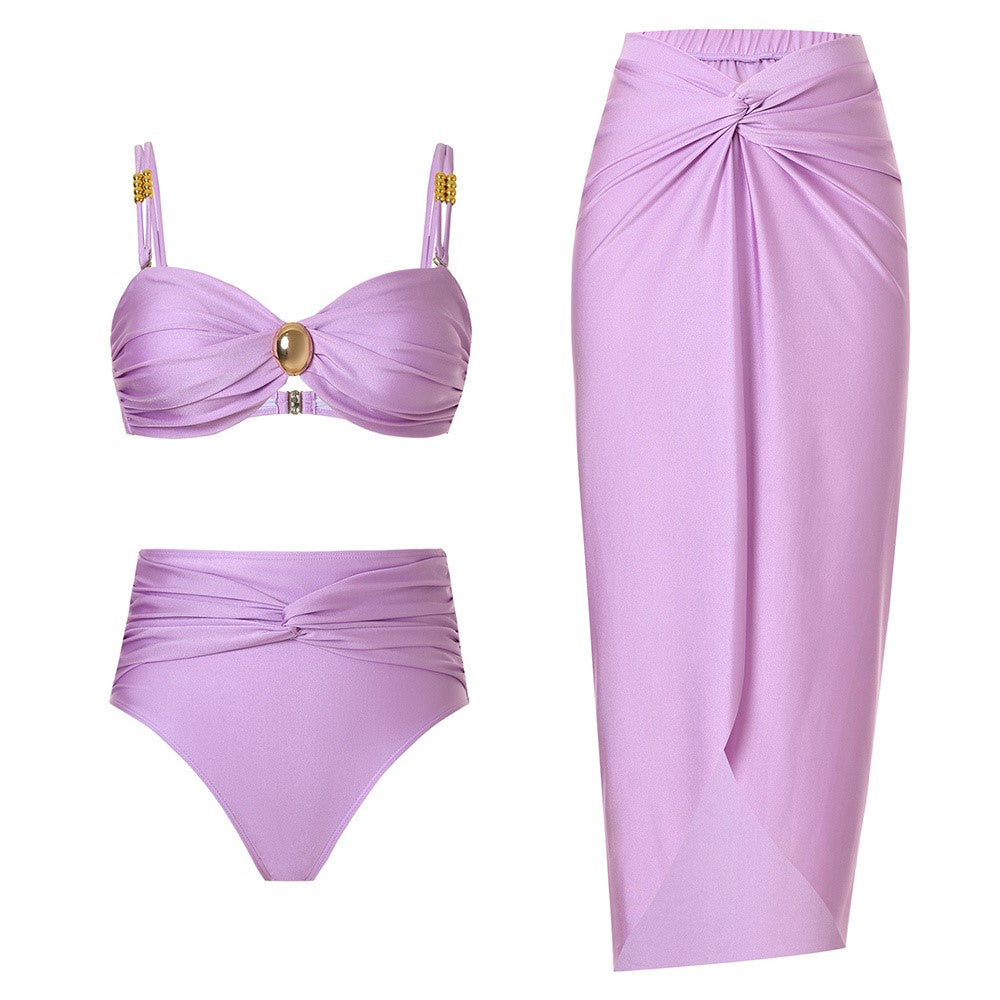 Y348 3 Piece High Waist Bikini Set Padded Bra + Bottom + Skirt Women Swimsuit, XL Size