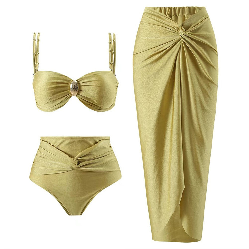 Y348 3 Piece High Waist Bikini Set Padded Bra + Bottom + Skirt Women Swimsuit, S Size