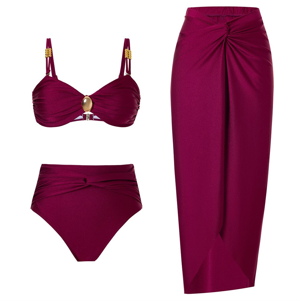 Y348 3 Piece High Waist Bikini Set Padded Bra + Bottom + Skirt Women Swimsuit, S Size