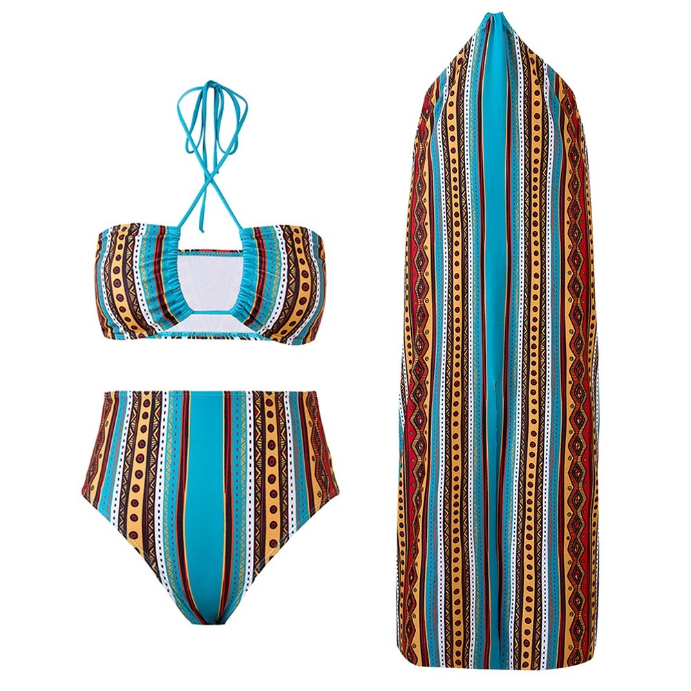 Y357 Retro Print Bikini Swimsuit 3-Piece Swimwear For Women European Style Beach Vacation Swimwear
