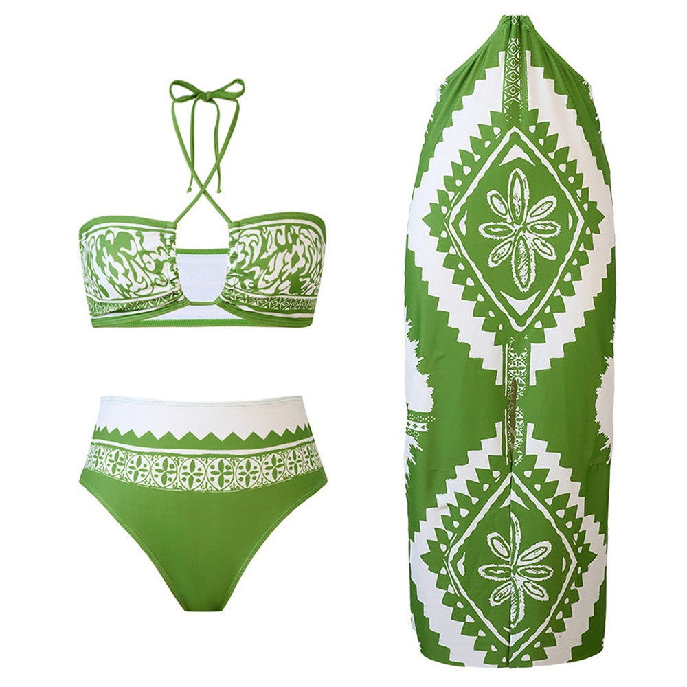 Y357 Retro Print Bikini Swimsuit 3-Piece Swimwear For Women European Style Beach Vacation Swimwear