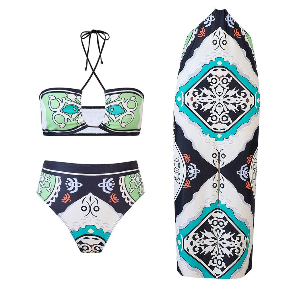 Y357 Retro Print Bikini Swimsuit 3-Piece Swimwear For Women European Style Beach Vacation Swimwear