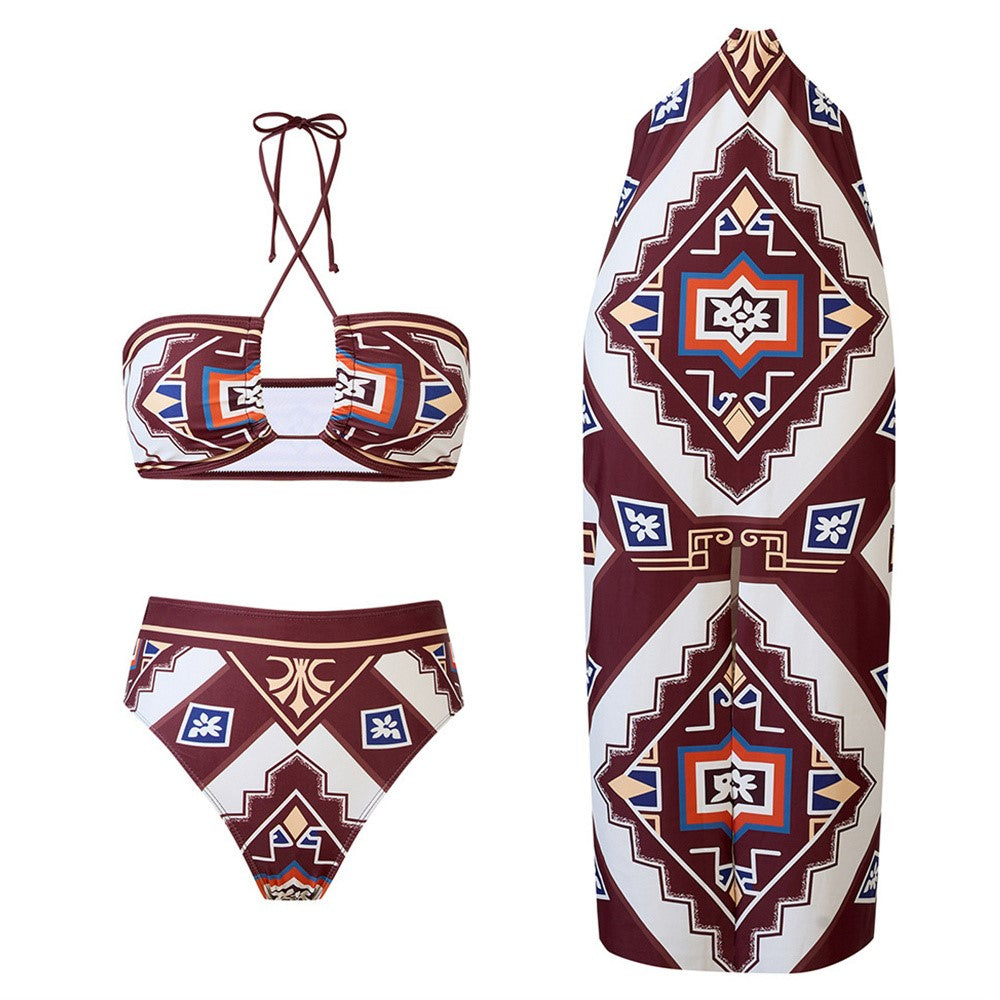 Y357 Retro Print Bikini Swimsuit 3-Piece Swimwear For Women European Style Beach Vacation Swimwear