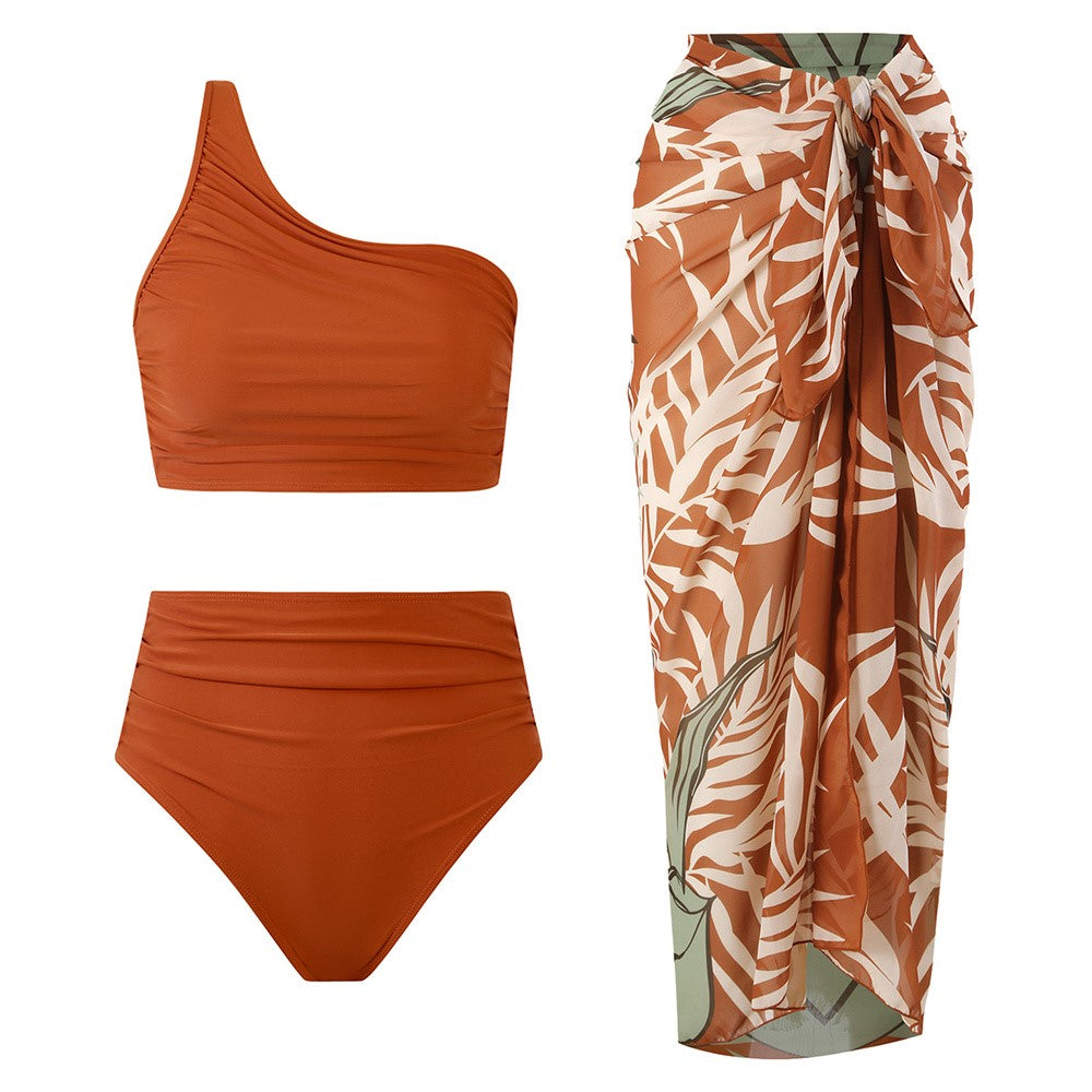 Y1009 Bikini Swimsuit High Waist 3-Piece Bathing Suit for Women Solid Color Swimwear Set Beach Wear