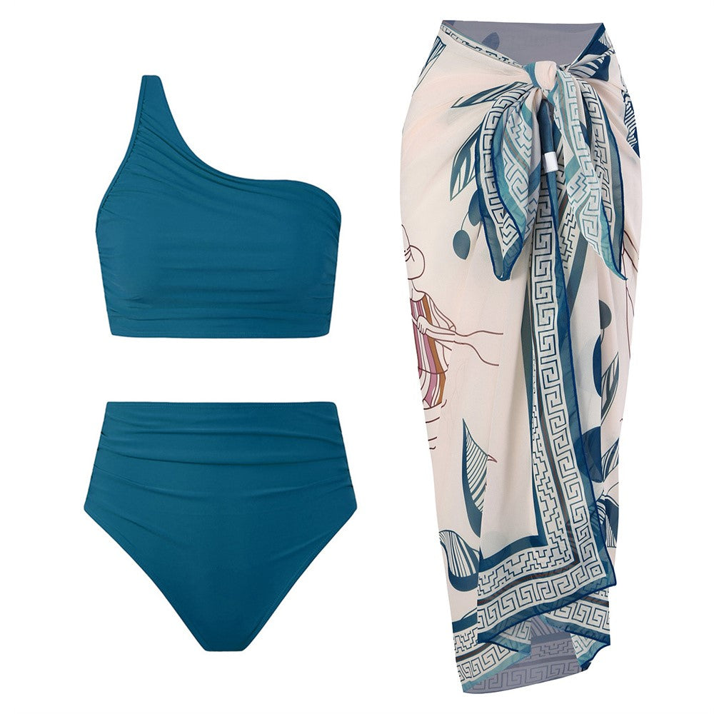 Y1009 Bikini Swimsuit High Waist 3-Piece Bathing Suit for Women Solid Color Swimwear Set Beach Wear