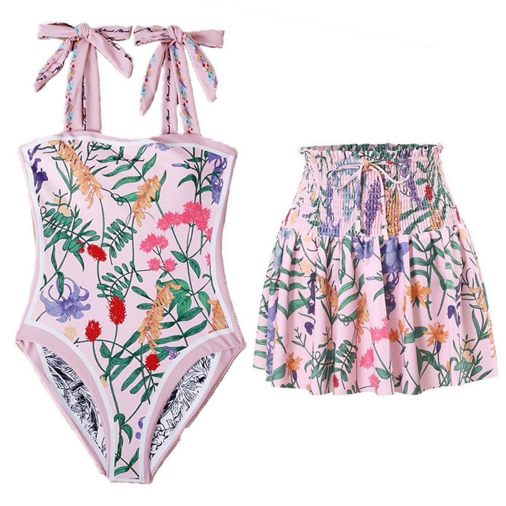 Y17 Women Stylish Two-Sided Pattern Swimsuit with Skirt Conservative Swimwear Set, M Size