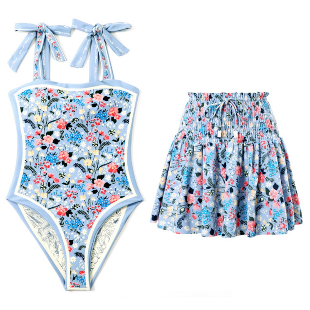 Y17 Women Stylish Two-Sided Pattern Swimsuit with Skirt Conservative Swimwear Set, M Size