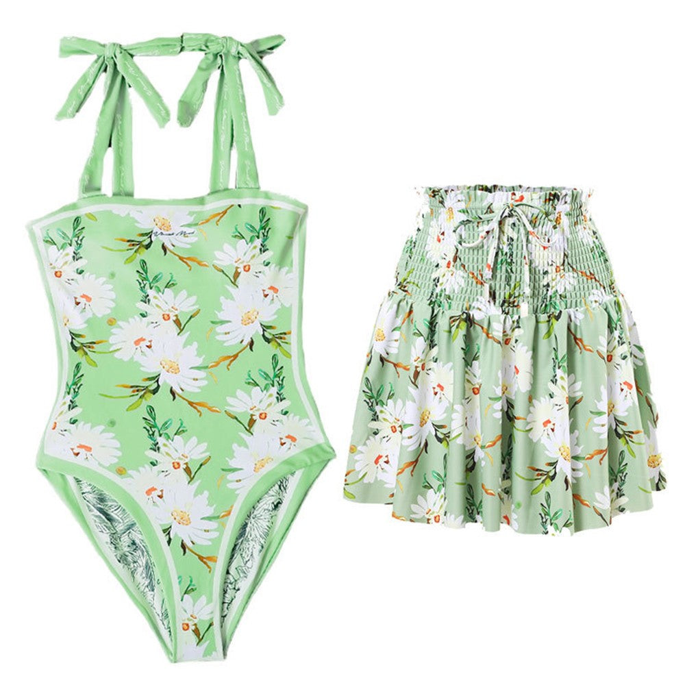 Y17 Women Stylish Two-Sided Pattern Swimsuit with Skirt Conservative Swimwear Set, XL Size