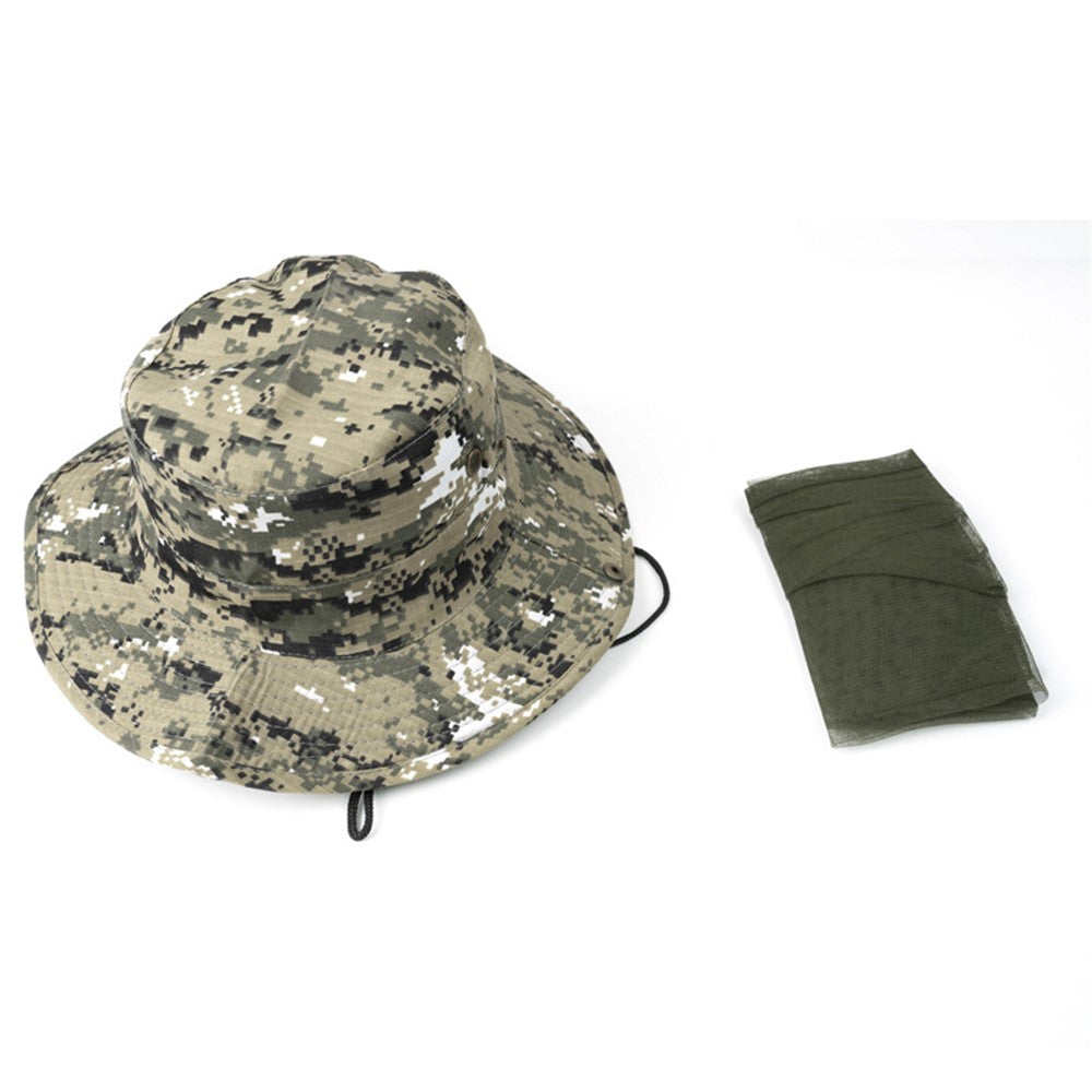 AOTU Camouflage Bucket Hat Cap with Anti-mosquito Head Net Face Mesh for Outdoor Camping Fishing