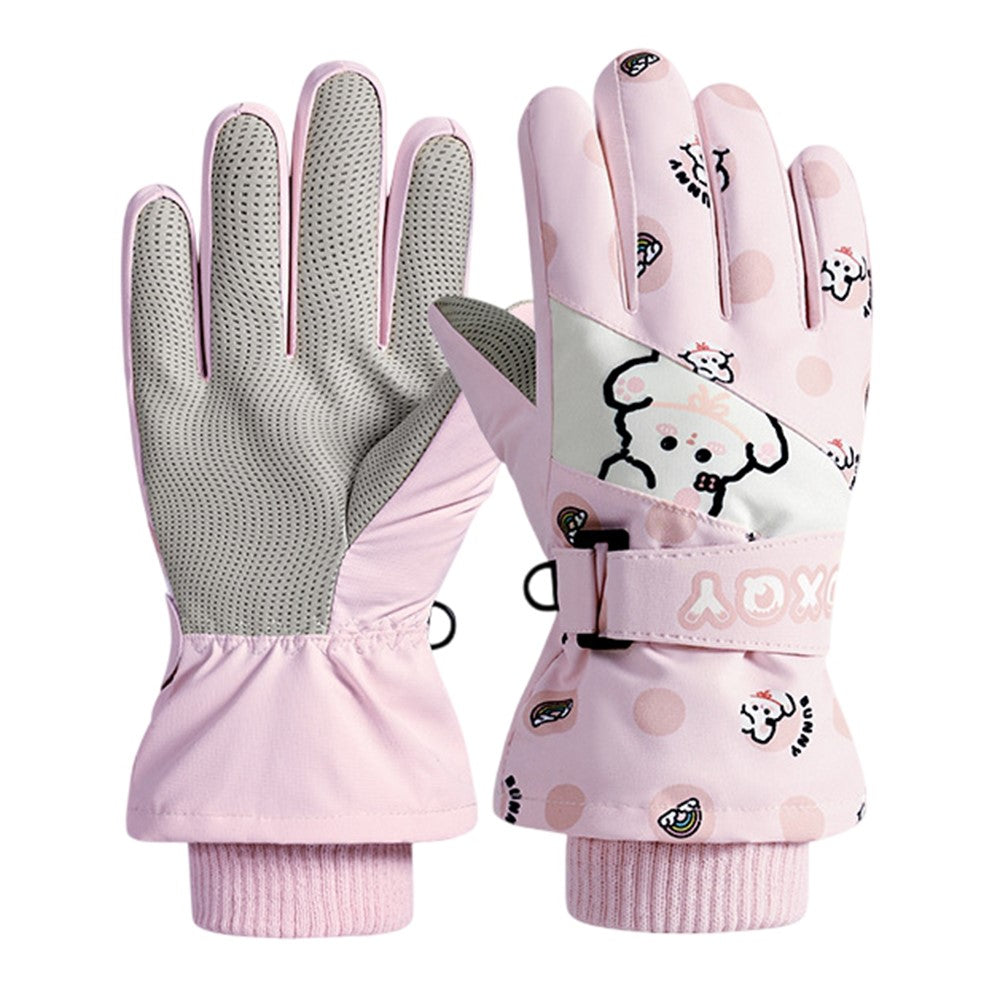 DRST44 1 Pair Cartoon Pattern Ski Gloves for Kids Winter Fleece Lined Windproof Cycling Mittens