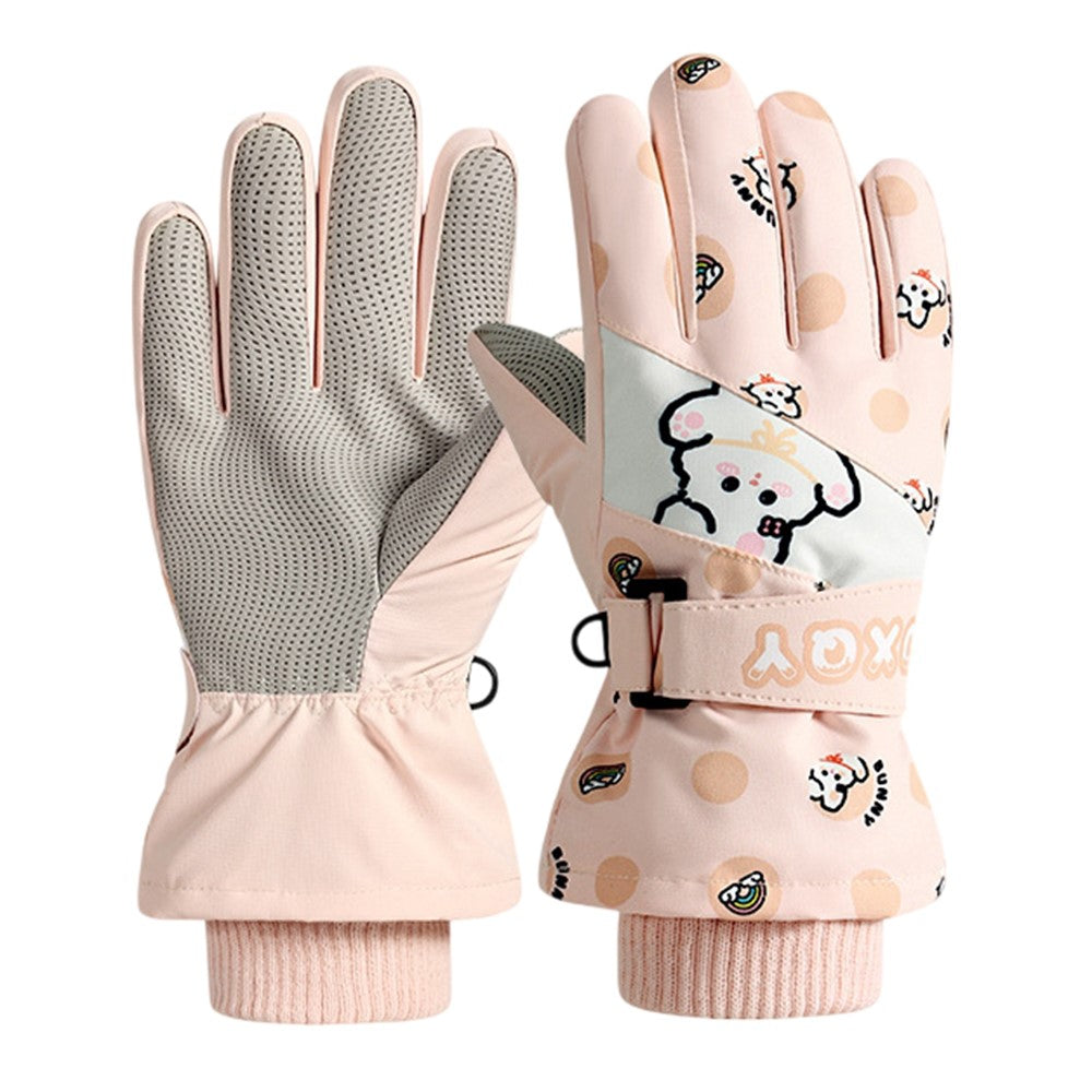 DRST44 1 Pair Cartoon Pattern Ski Gloves for Kids Winter Fleece Lined Windproof Cycling Mittens