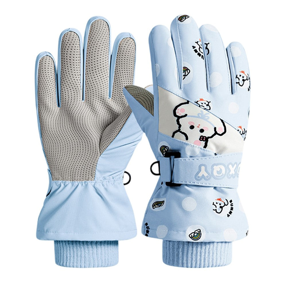 DRST44 1 Pair Cartoon Pattern Ski Gloves for Kids Winter Fleece Lined Windproof Cycling Mittens