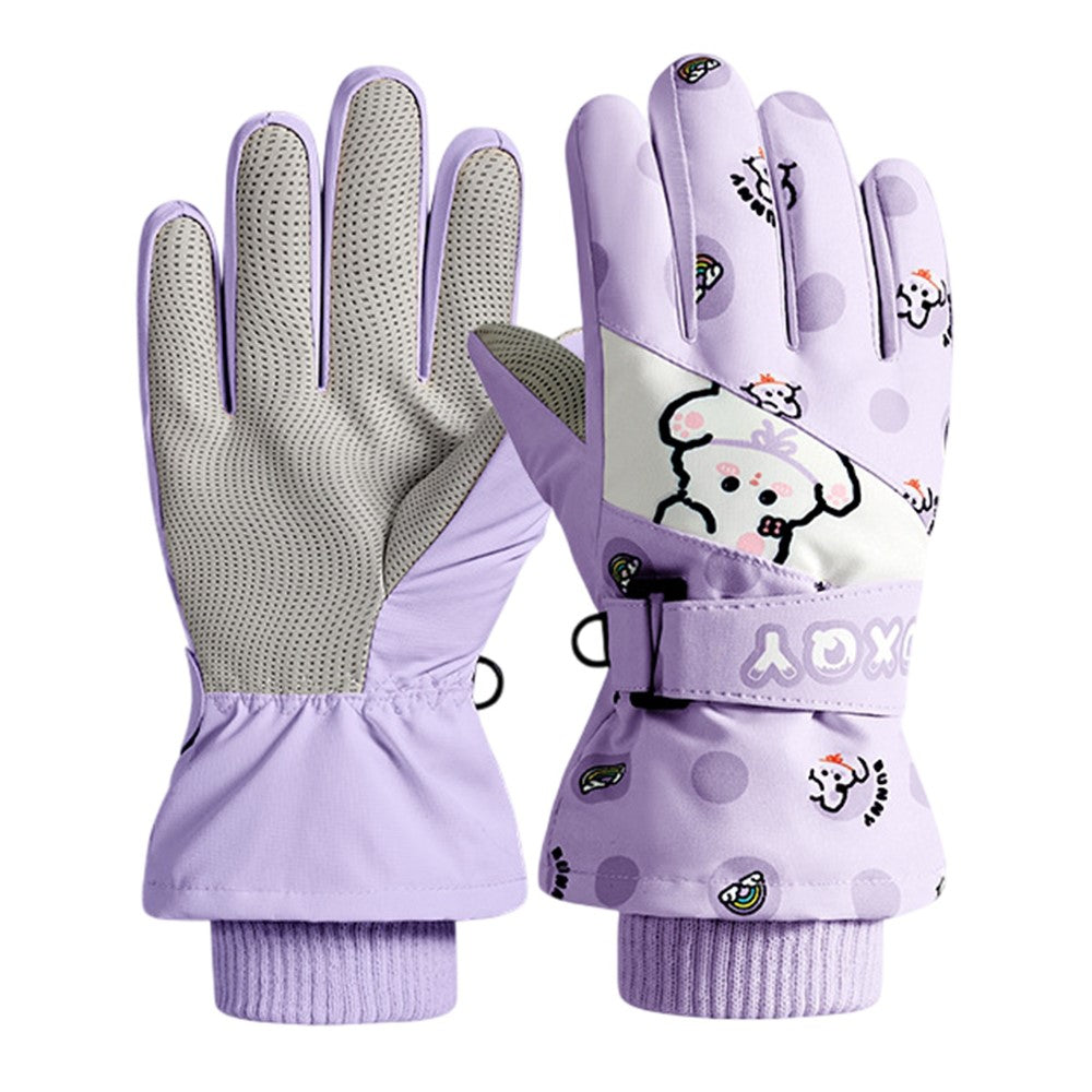 DRST44 1 Pair Cartoon Pattern Ski Gloves for Kids Winter Fleece Lined Windproof Cycling Mittens