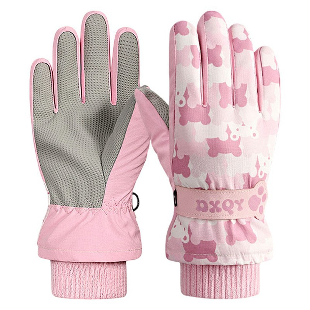DRST43 Thermal Fleece Lined Ski Gloves for Kids Cartoon Pattern Winter Windproof Full Finger Cycling Mittens