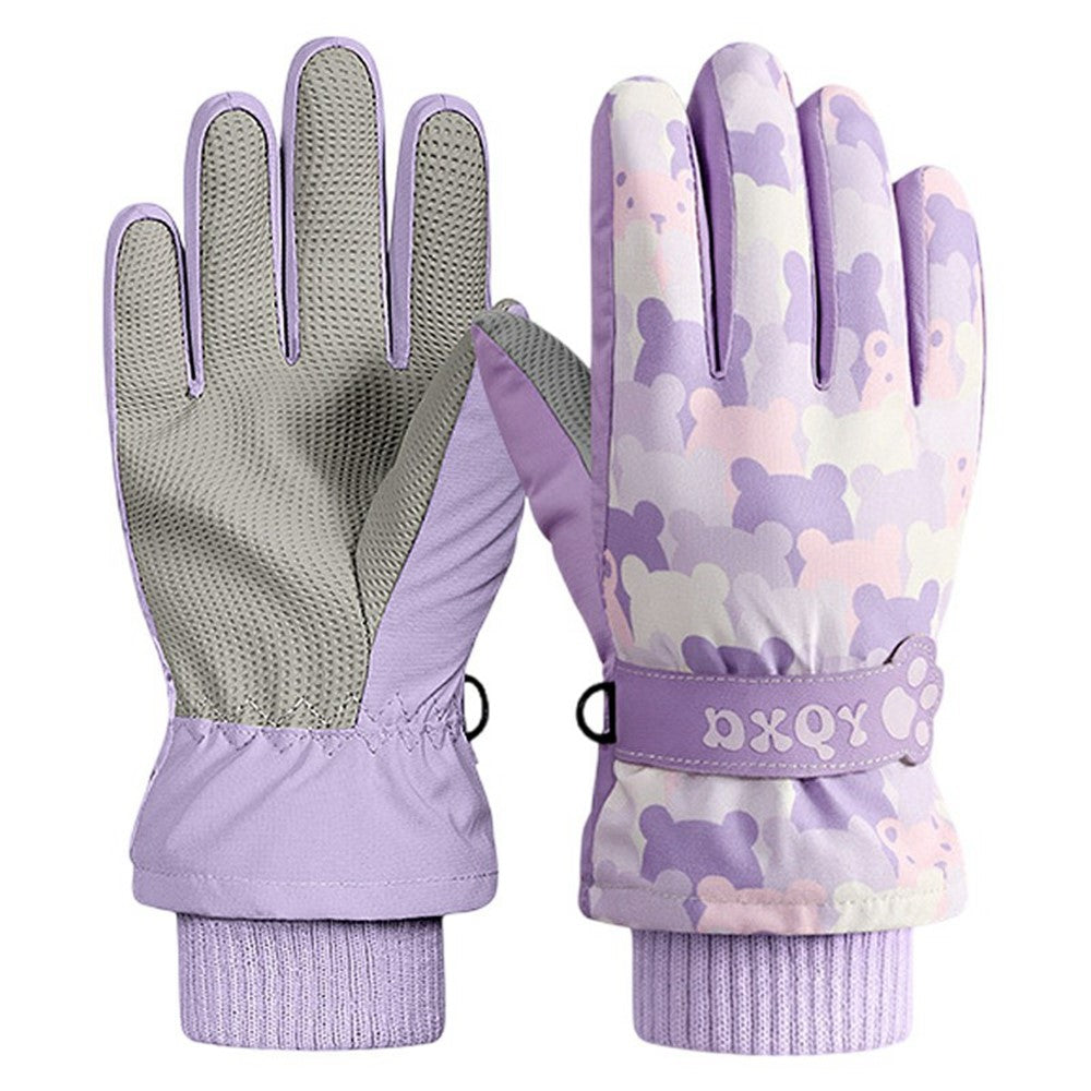 DRST43 Thermal Fleece Lined Ski Gloves for Kids Cartoon Pattern Winter Windproof Full Finger Cycling Mittens