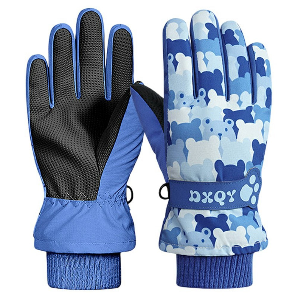 DRST43 Thermal Fleece Lined Ski Gloves for Kids Cartoon Pattern Winter Windproof Full Finger Cycling Mittens