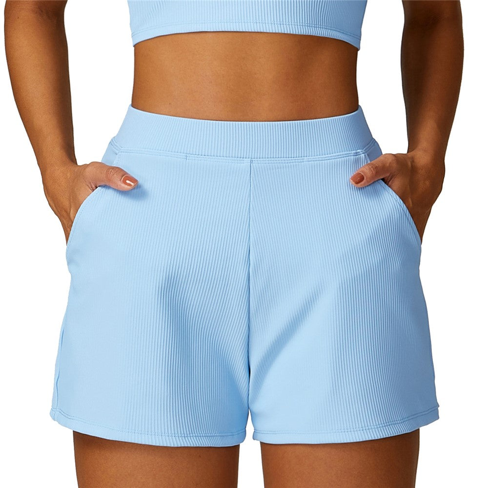 8526 Women Ribbed High Waist Yoga Shorts with Pockets for Gym Cycling Running