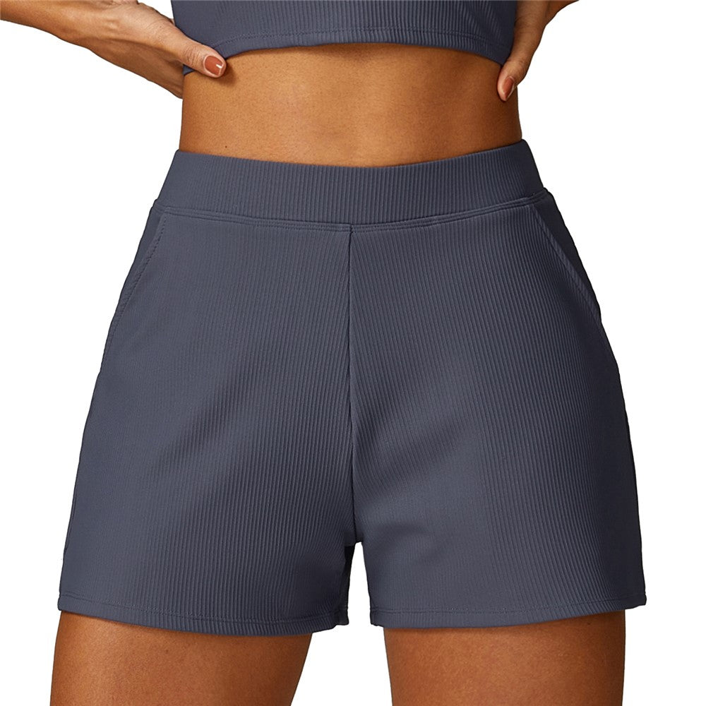 8526 Women Ribbed High Waist Yoga Shorts with Pockets for Gym Cycling Running