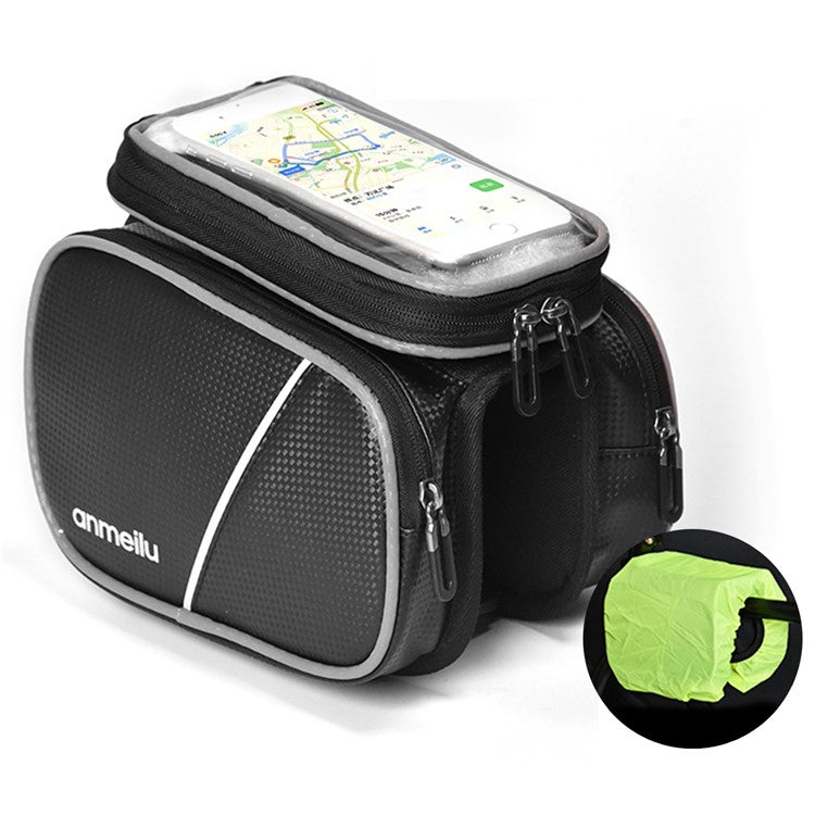ANMEILU 7006 Waterproof Cycling Bike Front Frame Bag Touch Screen Phone Pouch Bicycle Top Tube Storage Bag with Rainproof Cover