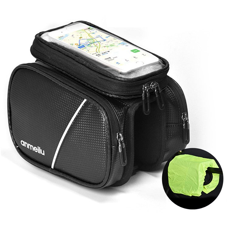 ANMEILU 7006 Waterproof Cycling Bike Front Frame Bag Touch Screen Phone Pouch Bicycle Top Tube Storage Bag with Rainproof Cover