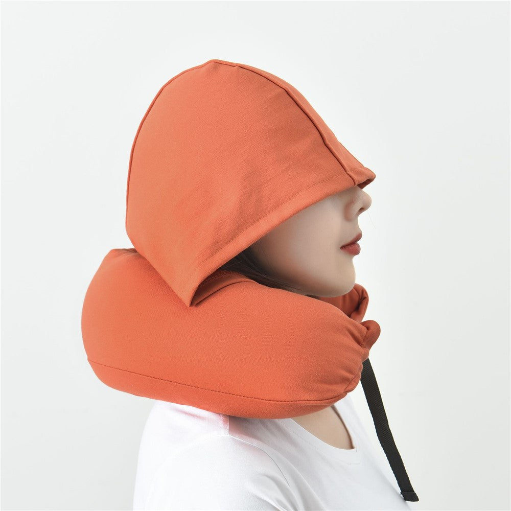 Travel Pillow Cotton U-Shape Head Rest Neck Pillow with Hood for Airplane Car Office