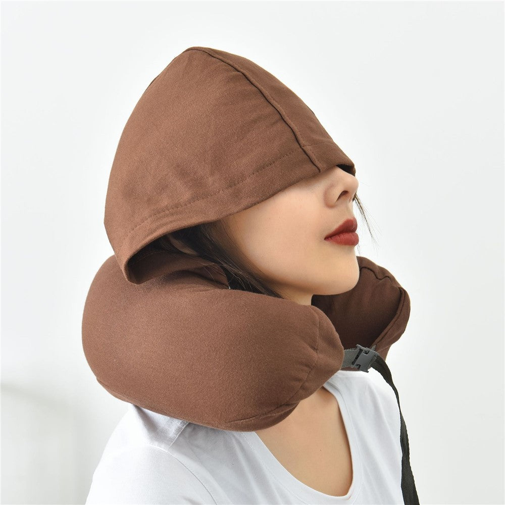 Travel Pillow Cotton U-Shape Head Rest Neck Pillow with Hood for Airplane Car Office