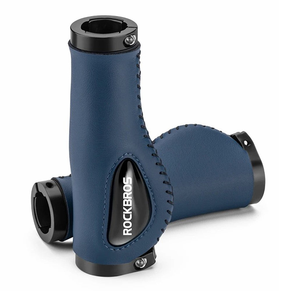 ROCKBROS 1 Pair Shock Absorption Bike Handlebar Grip Cover Leather+Silicone+Aluminum Alloy Bicycle Handlebar Sleeve