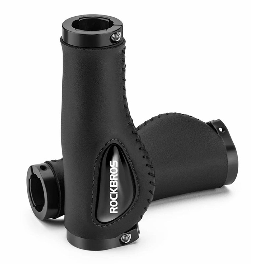 ROCKBROS 1 Pair Shock Absorption Bike Handlebar Grip Cover Leather+Silicone+Aluminum Alloy Bicycle Handlebar Sleeve