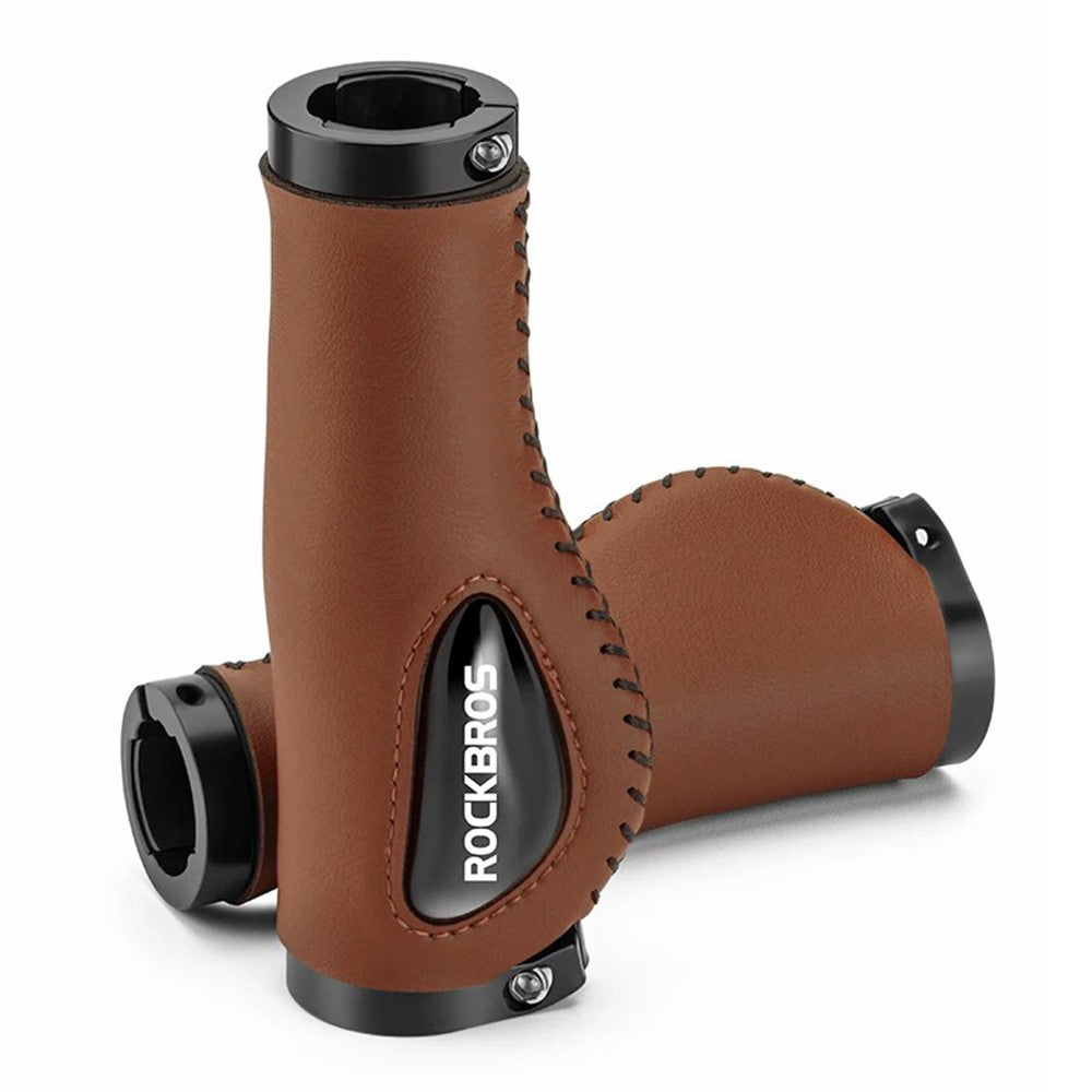 ROCKBROS 1 Pair Shock Absorption Bike Handlebar Grip Cover Leather+Silicone+Aluminum Alloy Bicycle Handlebar Sleeve