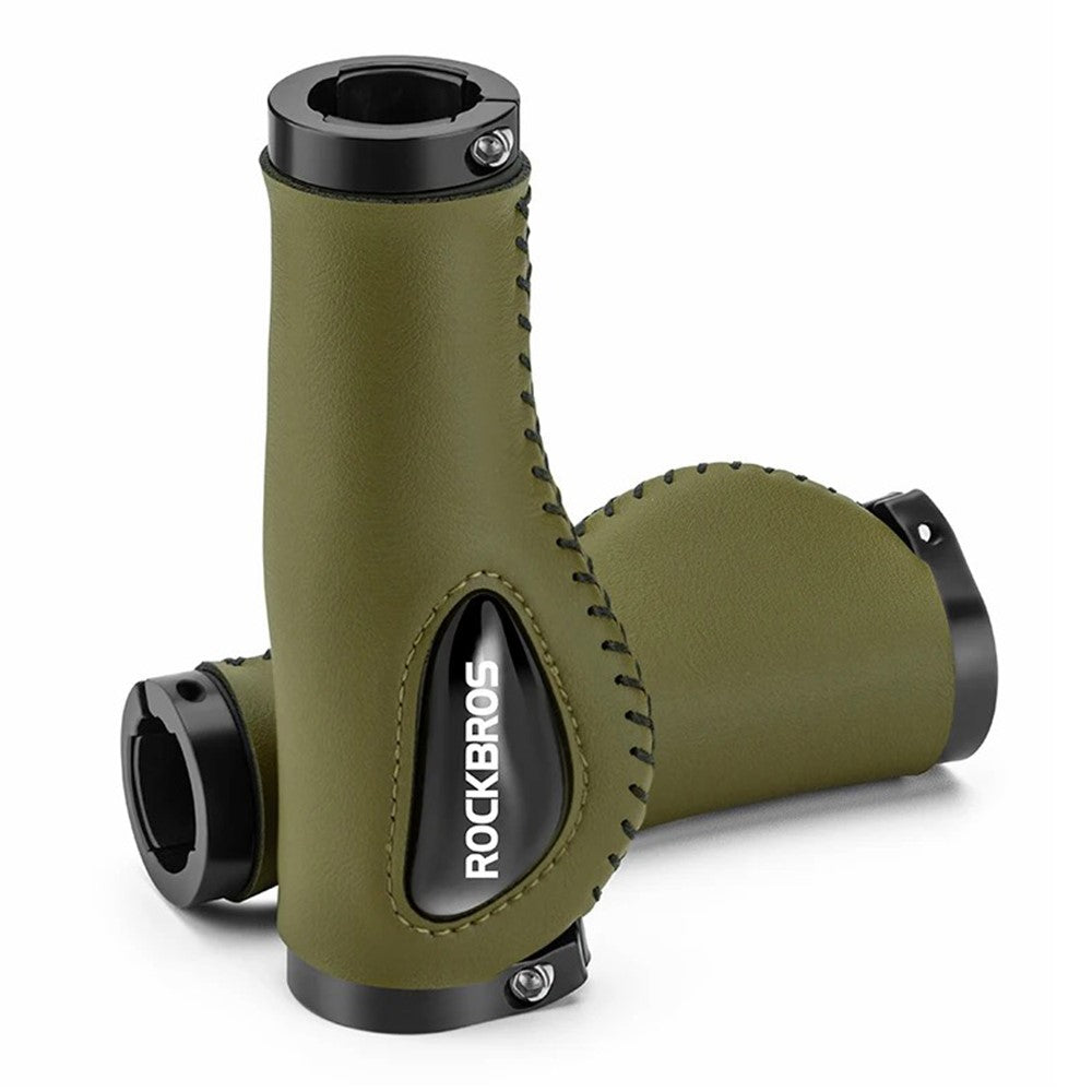 ROCKBROS 1 Pair Shock Absorption Bike Handlebar Grip Cover Leather+Silicone+Aluminum Alloy Bicycle Handlebar Sleeve
