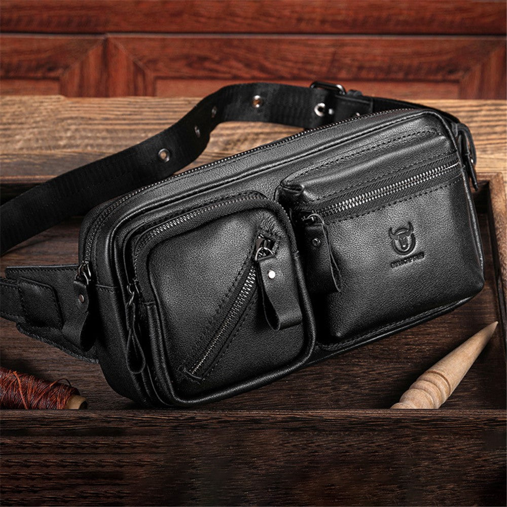 BULLCAPTAIN 082 Travel Outdoor Men Chest Bag Top Layer Cowhide Leather Waist Pack