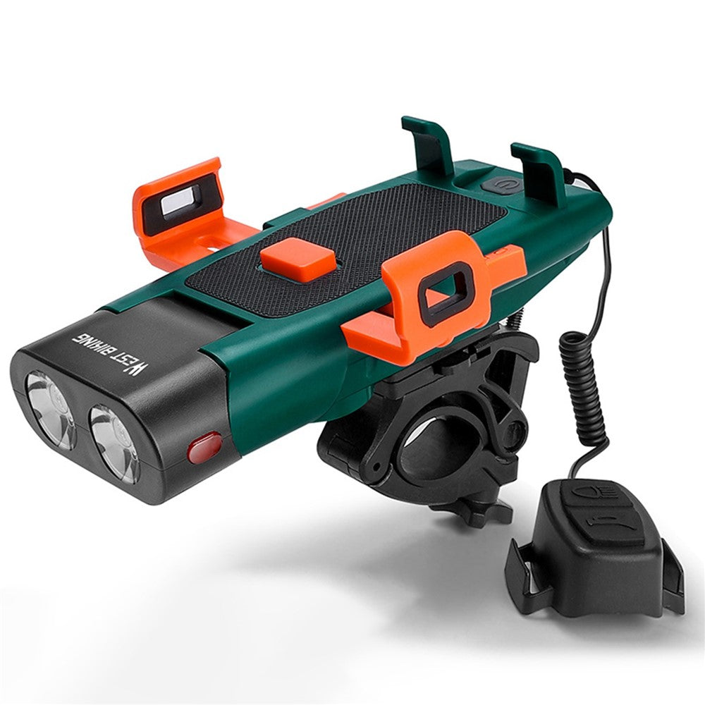WEST BIKING YP0701321 Bright LED Bike Front Light Phone Holder Design Rechargeable Bicycle Night Cycling Safety Horn Torch with Power Bank Function