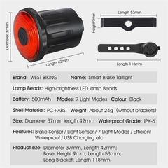WEST BIKING YP0701317 Seat Cushion / Seat Post Mount USB Charging Bike LED Tail Light Waterproof Smart Brake Induction Cycling Warning Rear Lamp