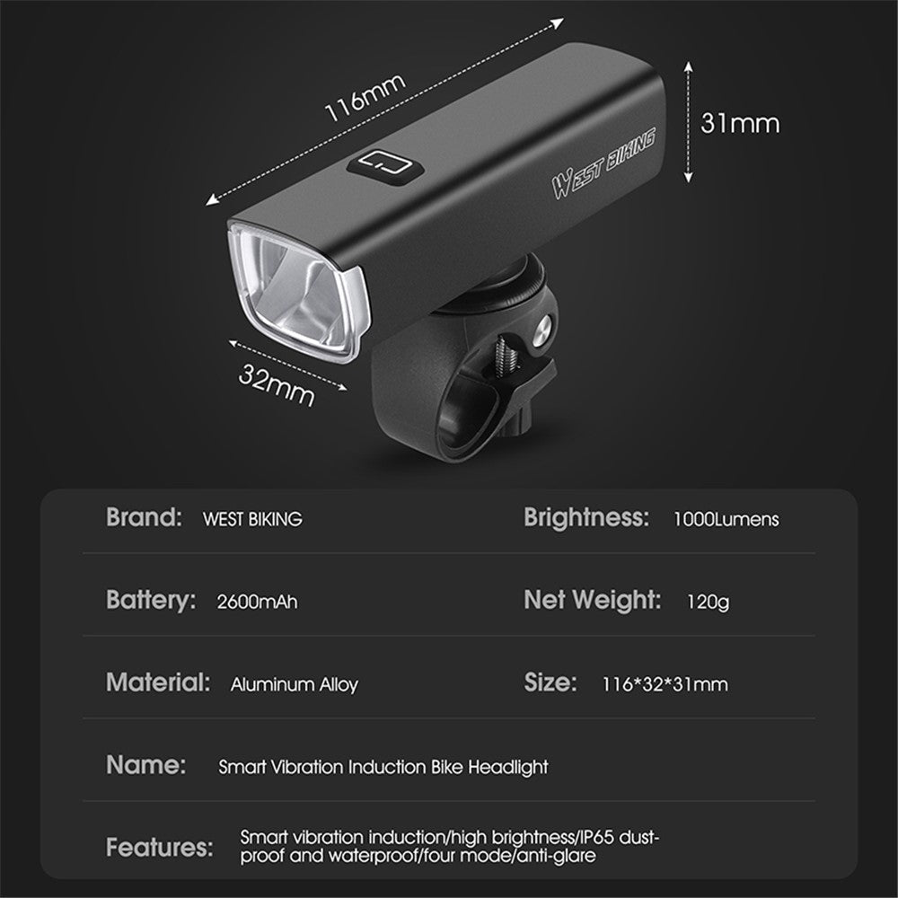 WEST BIKING YP0701353 Smart Vibration Induction Bike Headlight IP65 Waterproof High Brightness Bicycle Lamp