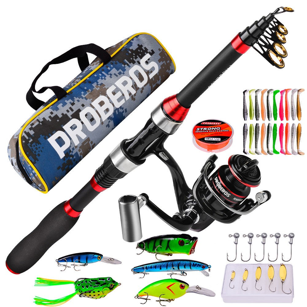 PROBEROS HWCSET101 Telescopic Rod 1.8m Carbon Pole Fishing Reel Lure Line Kit with Carrier Bag