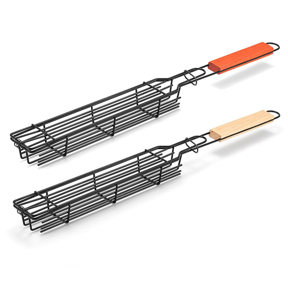 HALIN 2Pcs Outdoor Camping BBQ Grilling Basket Portable Picnic Barbecue Iron Cage with Wooden Handle No FDA Certificate, BPA Free