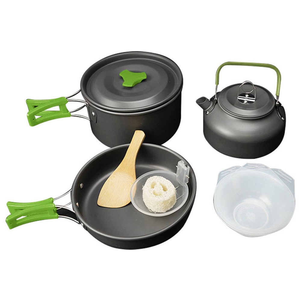 AOTU Outdoor Camping Cooking Set Pot Pan Teapot Cookware Set No FDA Certificate, BPA-Free