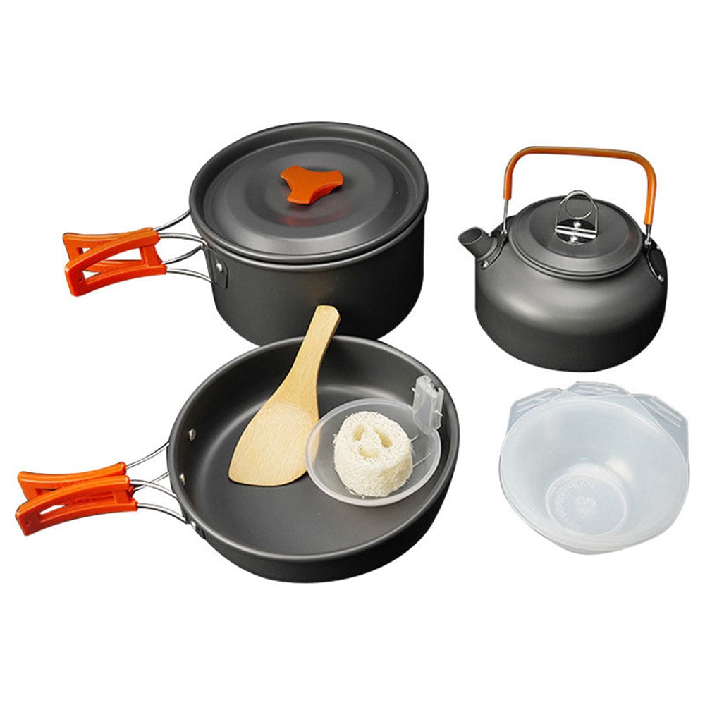 AOTU Outdoor Camping Cooking Set Pot Pan Teapot Cookware Set No FDA Certificate, BPA-Free